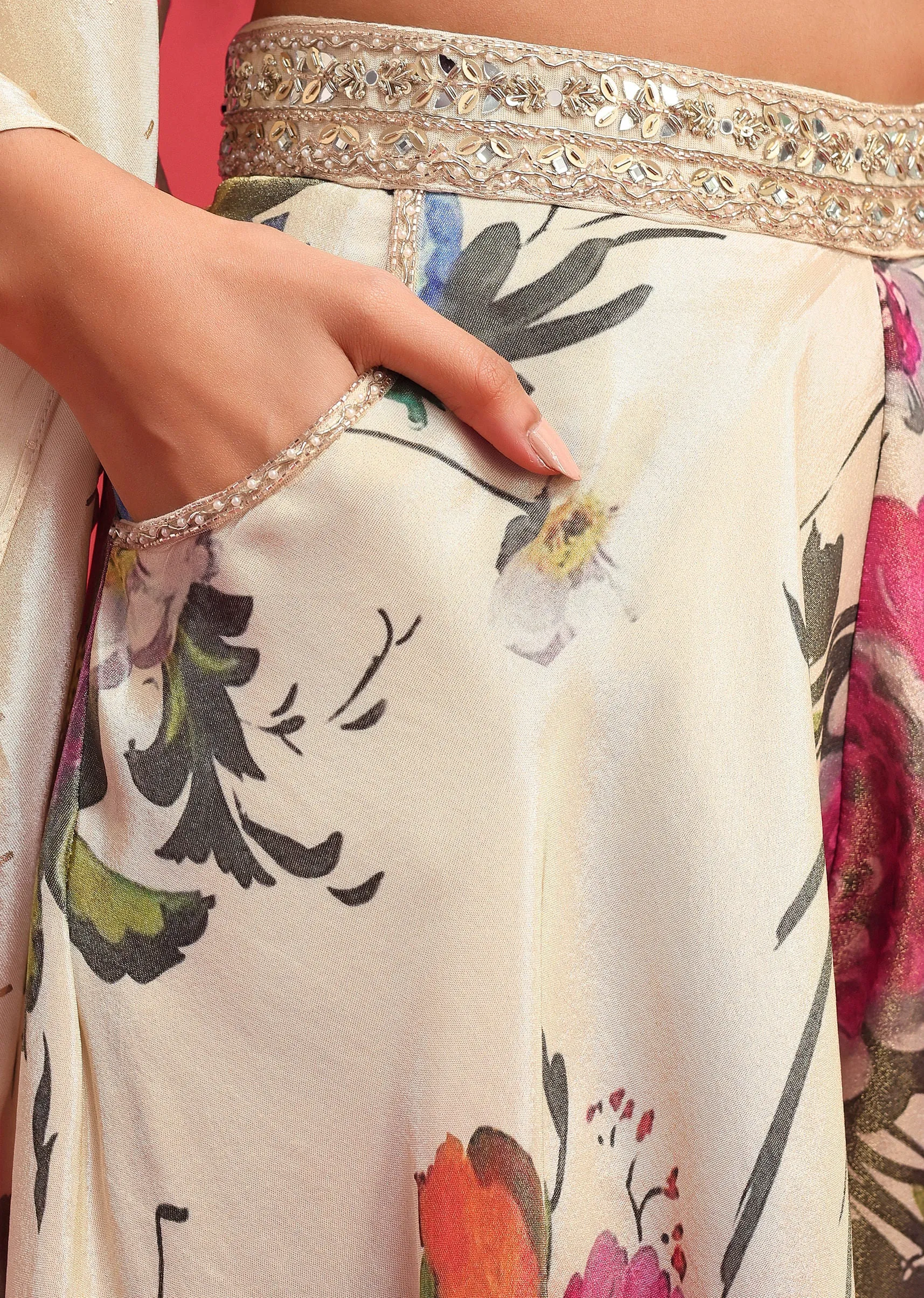 Beige Floral Printed Tissue Crop Top And Palazzo