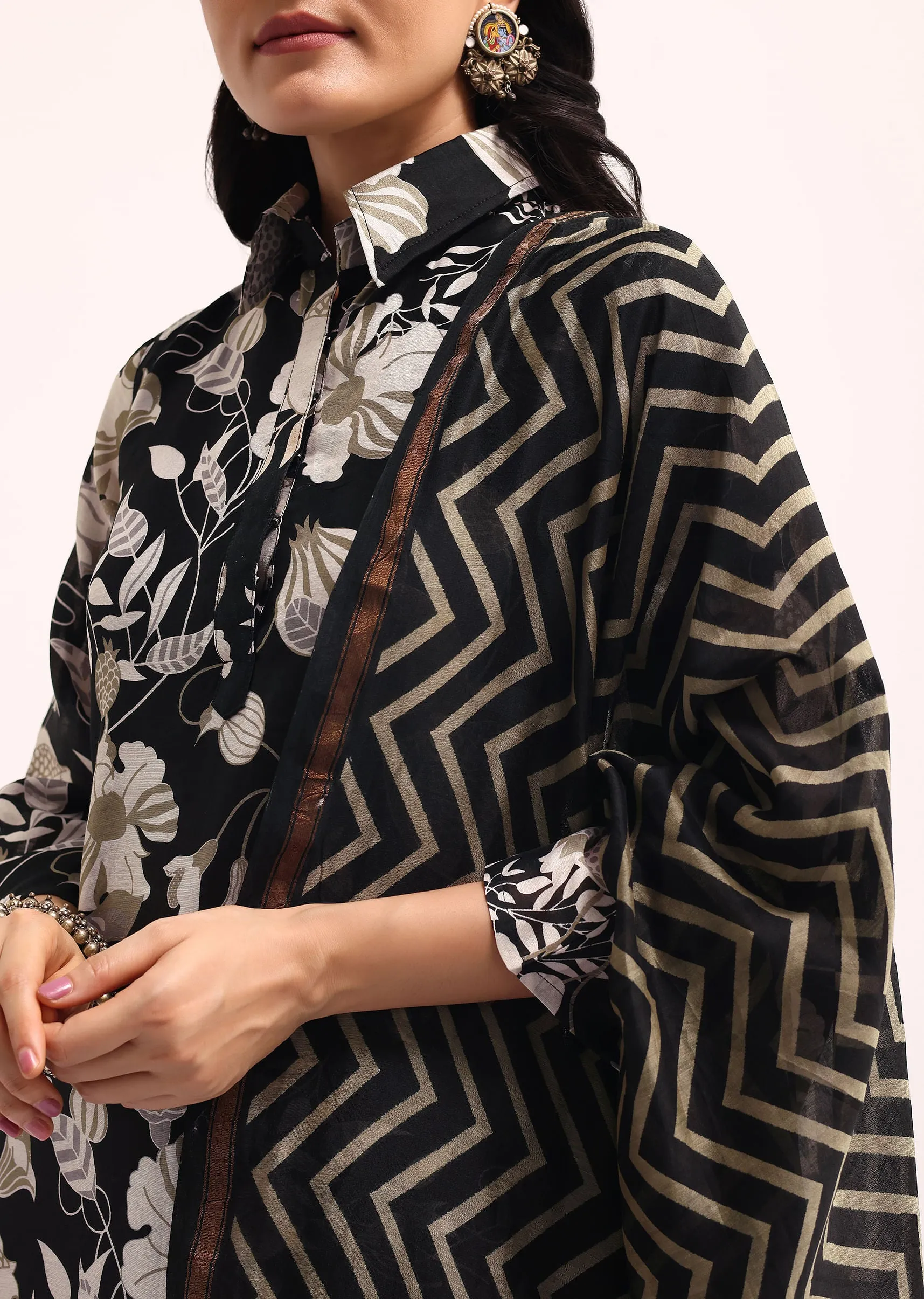 Black Abstract Printed Chanderi Kurta Palazzo Set