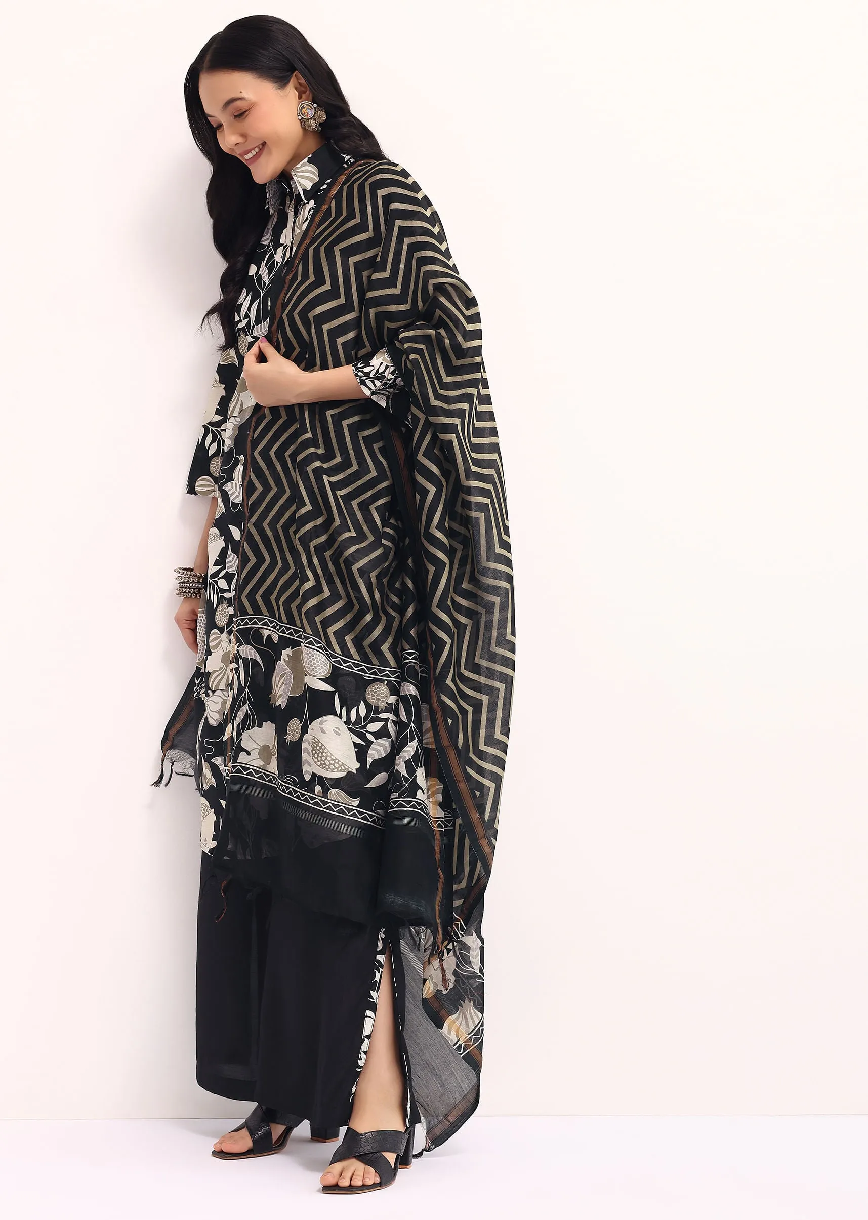 Black Abstract Printed Chanderi Kurta Palazzo Set