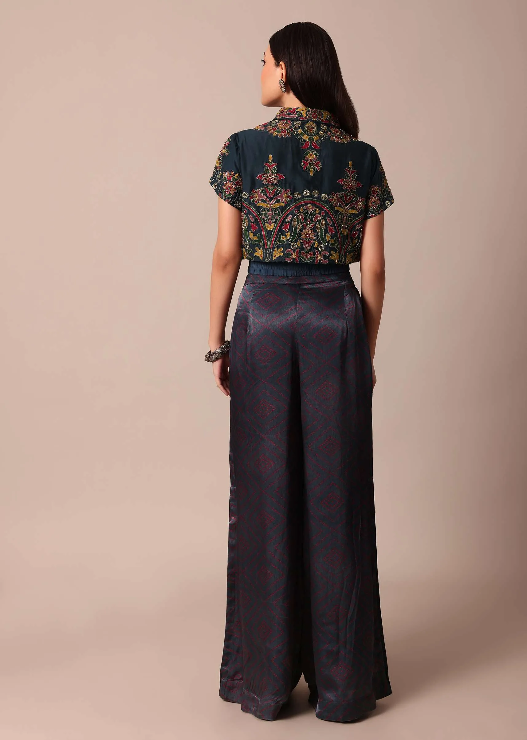 Blue Printed Festive Crop Top With Embroidered Jacket And Palazzo Set