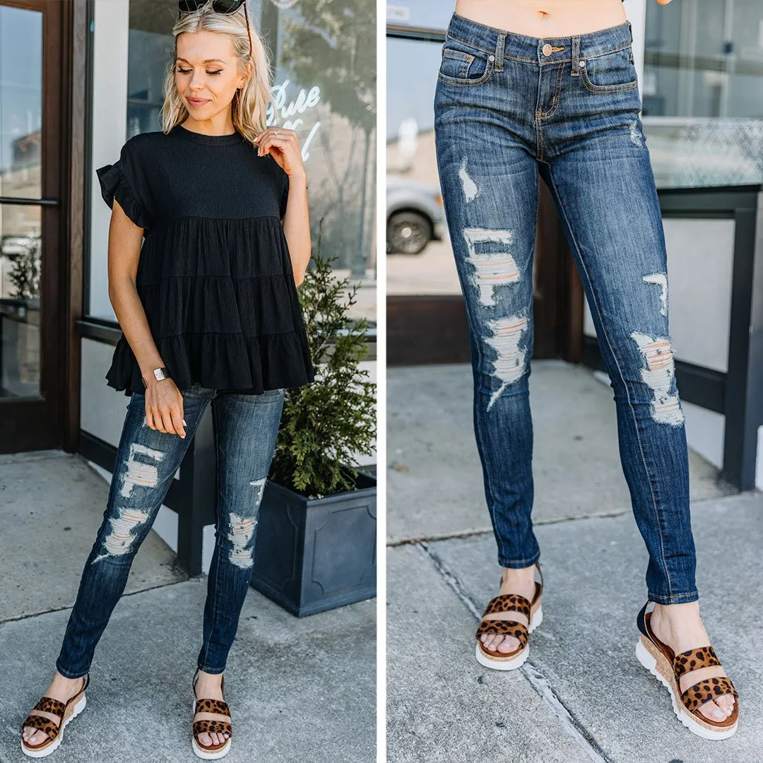 By My Side Dark Wash Distressed Skinny Jeans