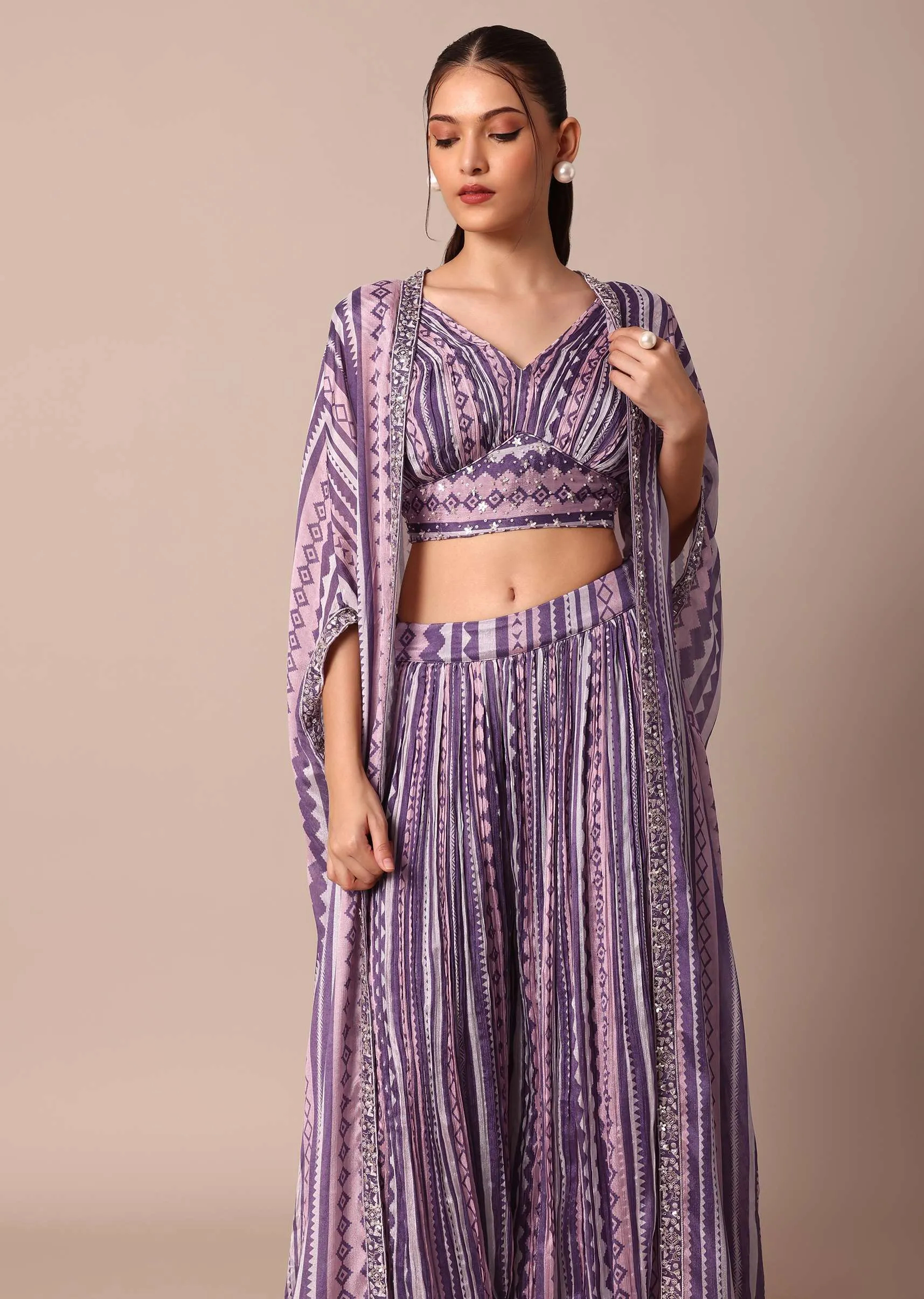 Chiffon Printed Embroidery Crop Top With Jacket And Palazzo Set in Purple