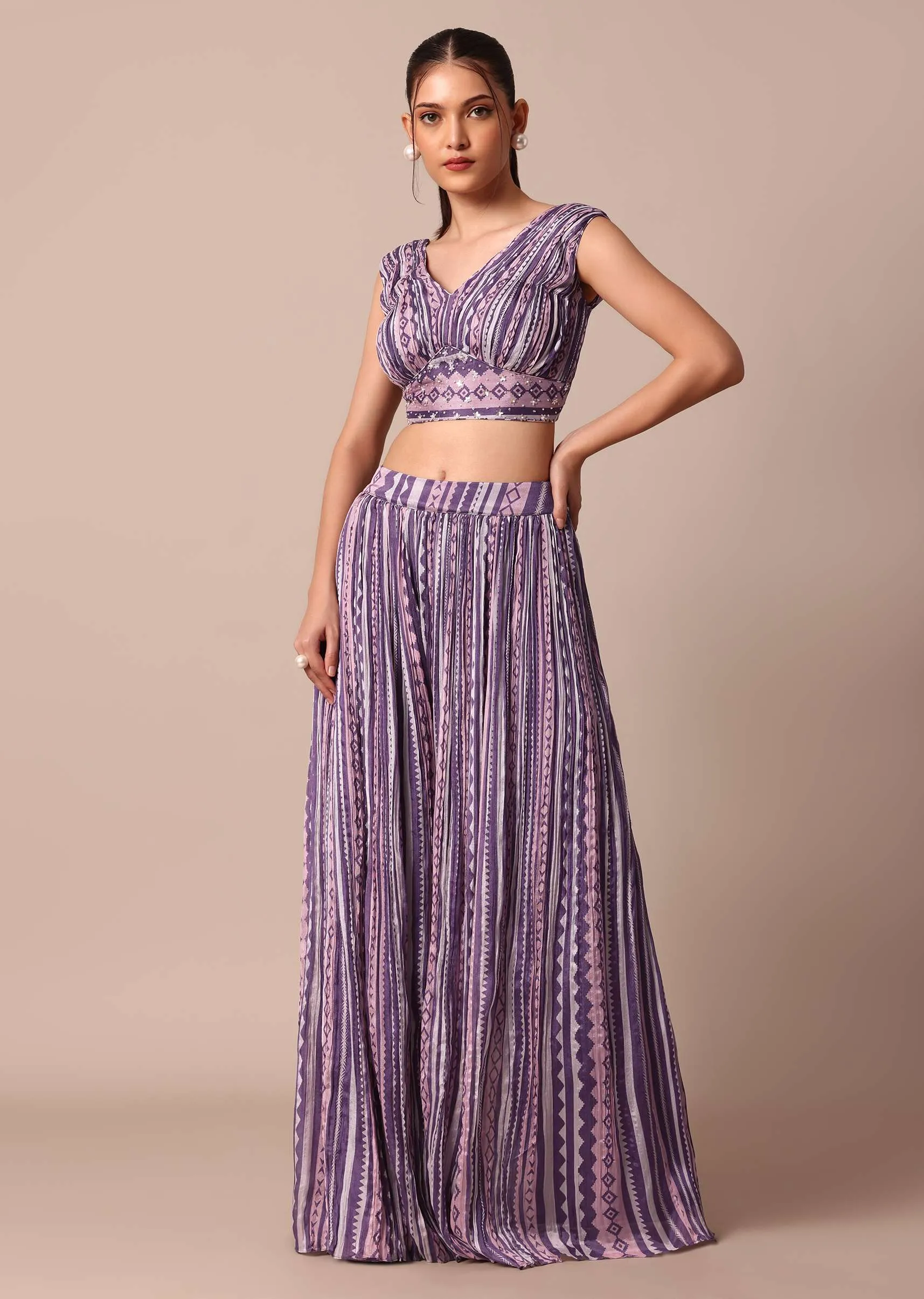 Chiffon Printed Embroidery Crop Top With Jacket And Palazzo Set in Purple