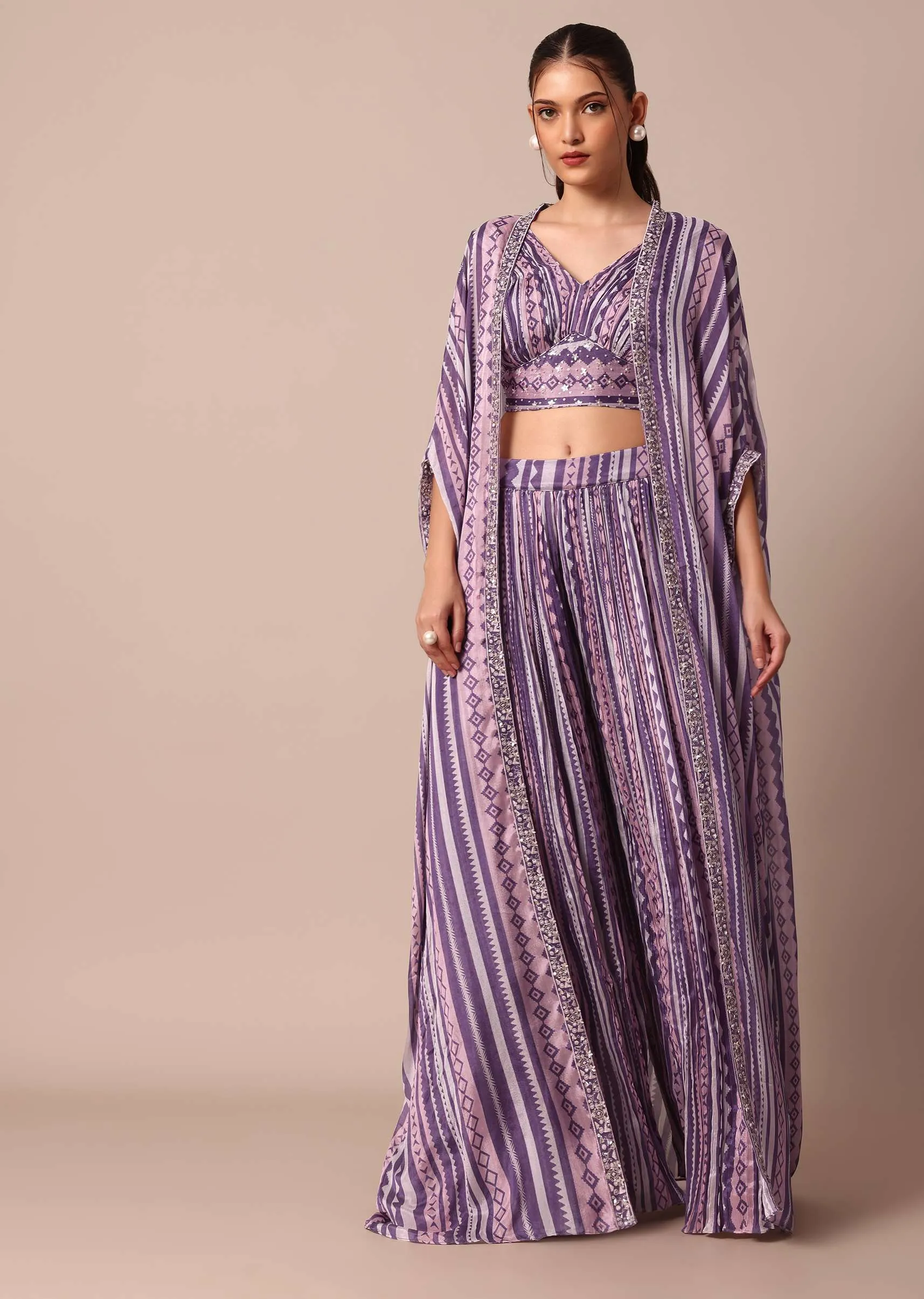 Chiffon Printed Embroidery Crop Top With Jacket And Palazzo Set in Purple