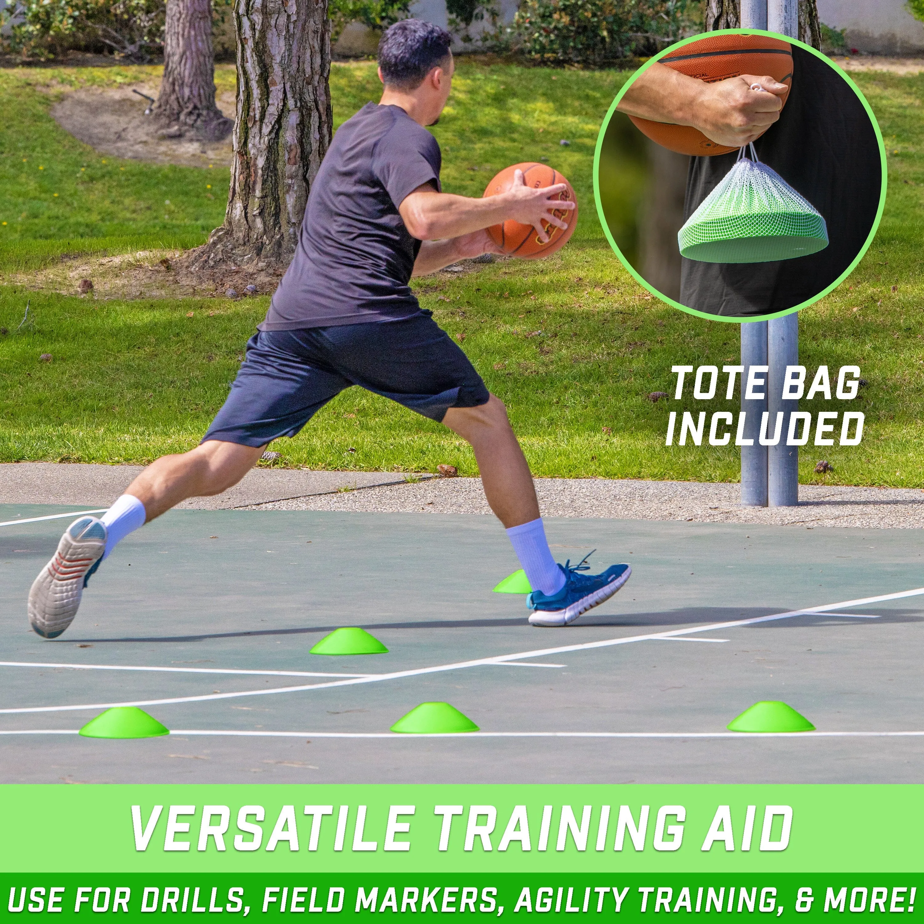 GoSports Premium Sports Cones for Training and Drills - 20 Pack with Tote - Green
