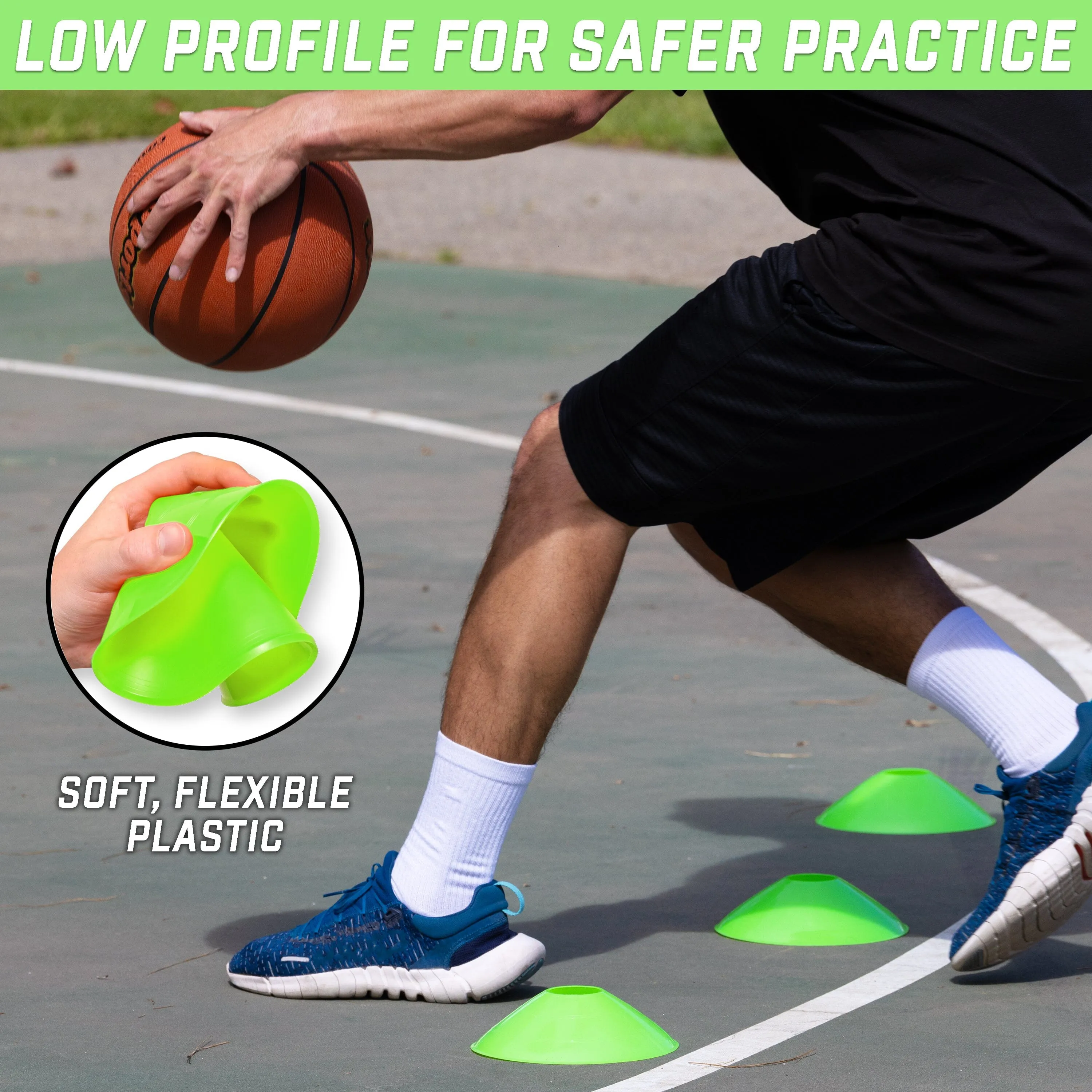 GoSports Premium Sports Cones for Training and Drills - 20 Pack with Tote - Green