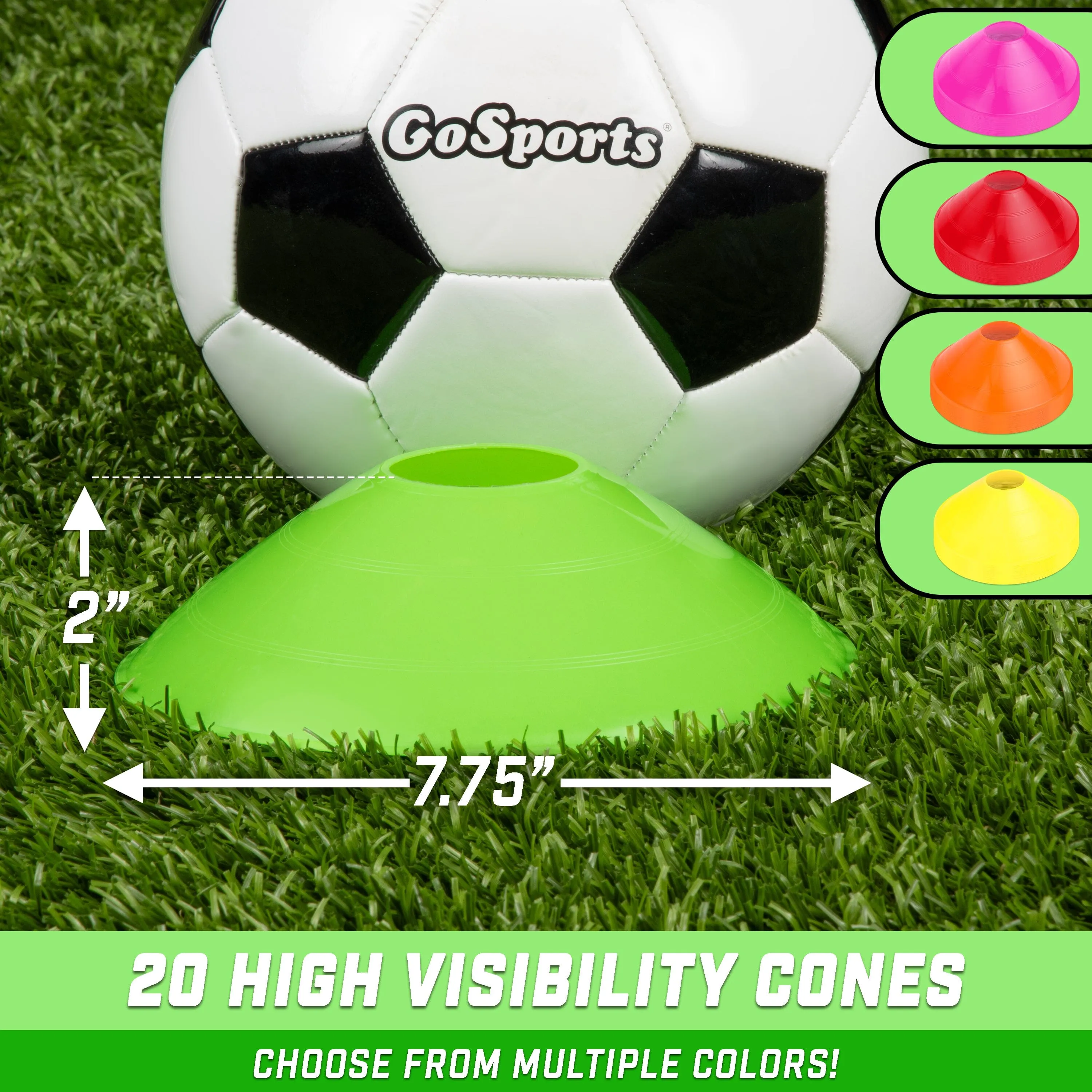 GoSports Premium Sports Cones for Training and Drills - 20 Pack with Tote - Green