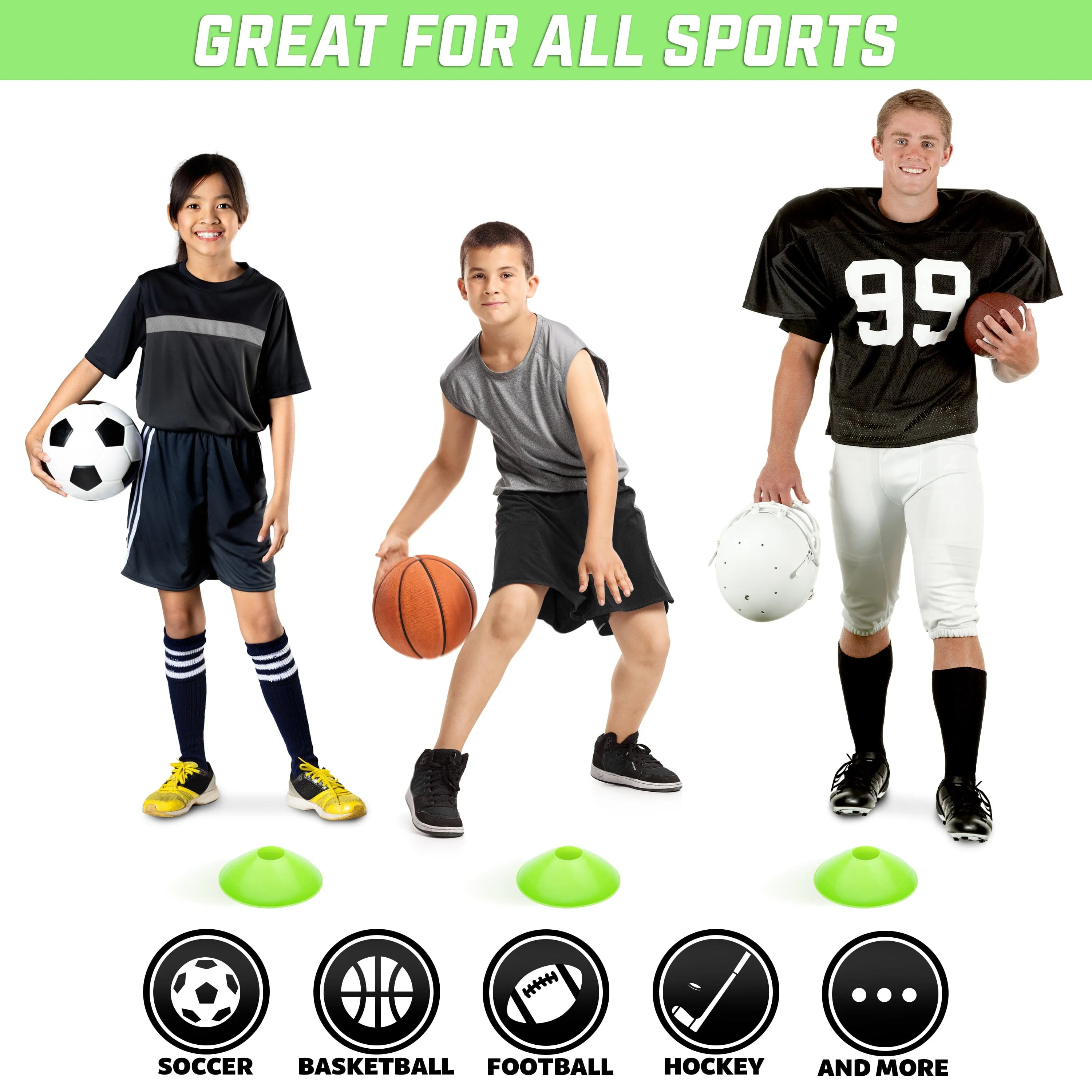 GoSports Premium Sports Cones for Training and Drills - 20 Pack with Tote - Green