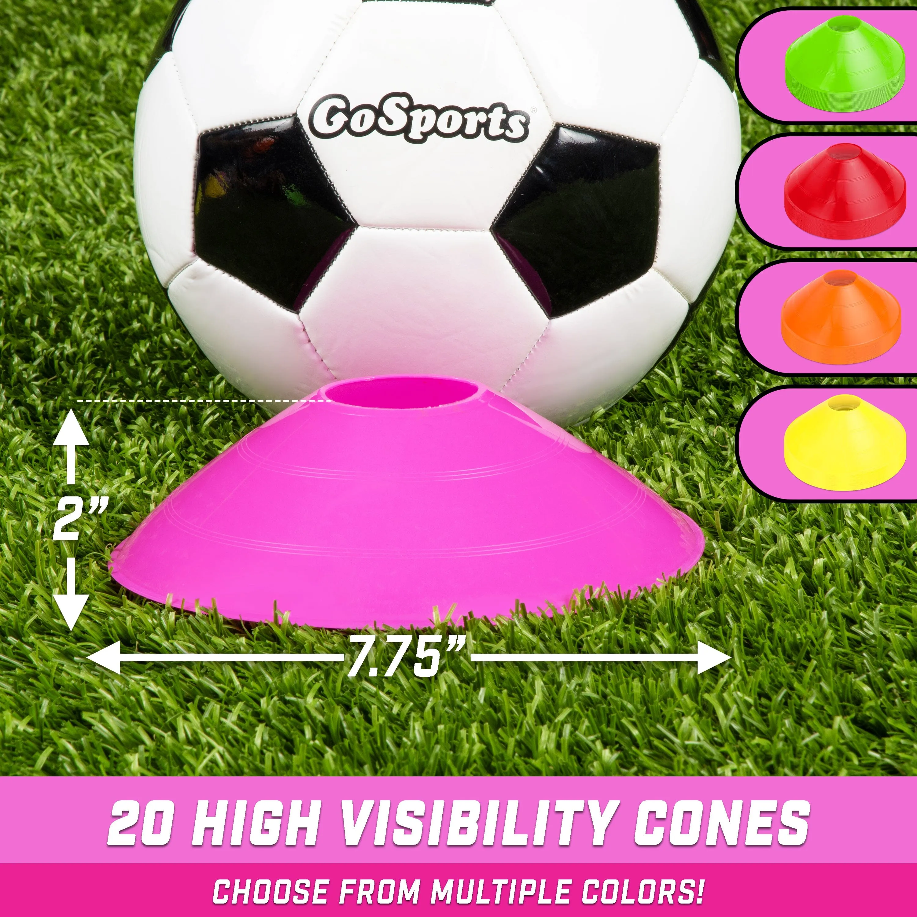 GoSports Premium Sports Cones for Training and Drills - 20 Pack with Tote - Pink
