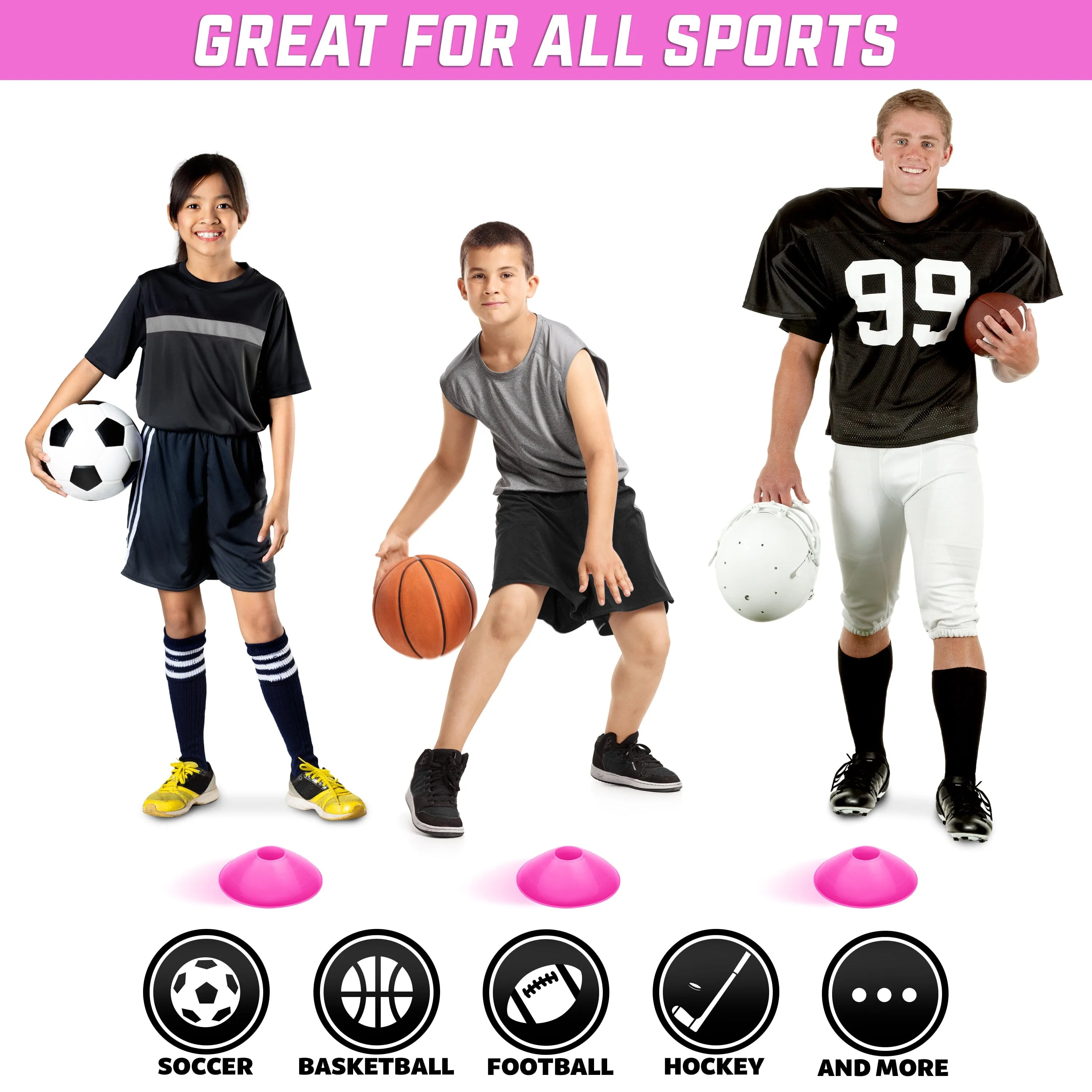 GoSports Premium Sports Cones for Training and Drills - 20 Pack with Tote - Pink