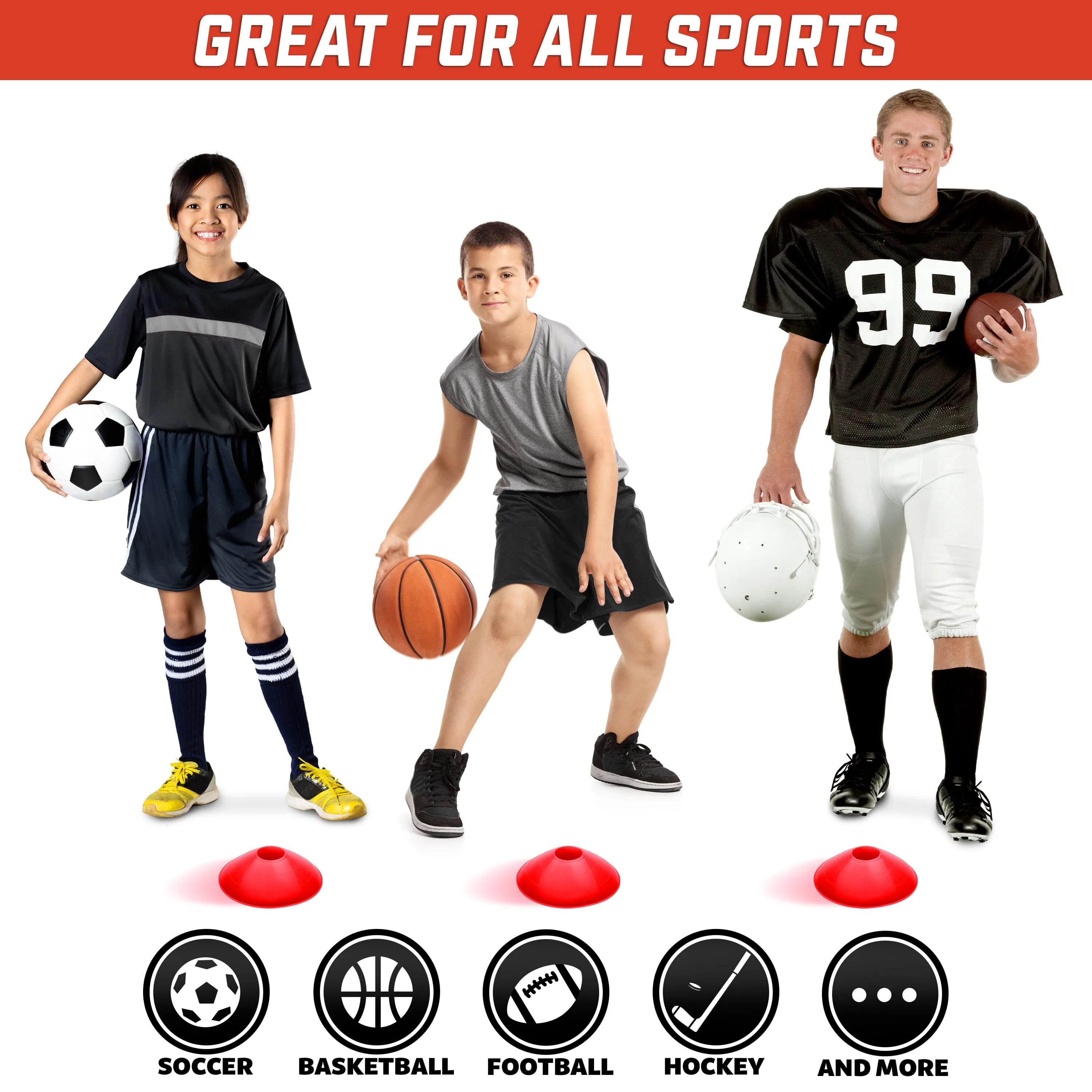 GoSports Premium Sports Cones for Training and Drills - 20 Pack with Tote - Red