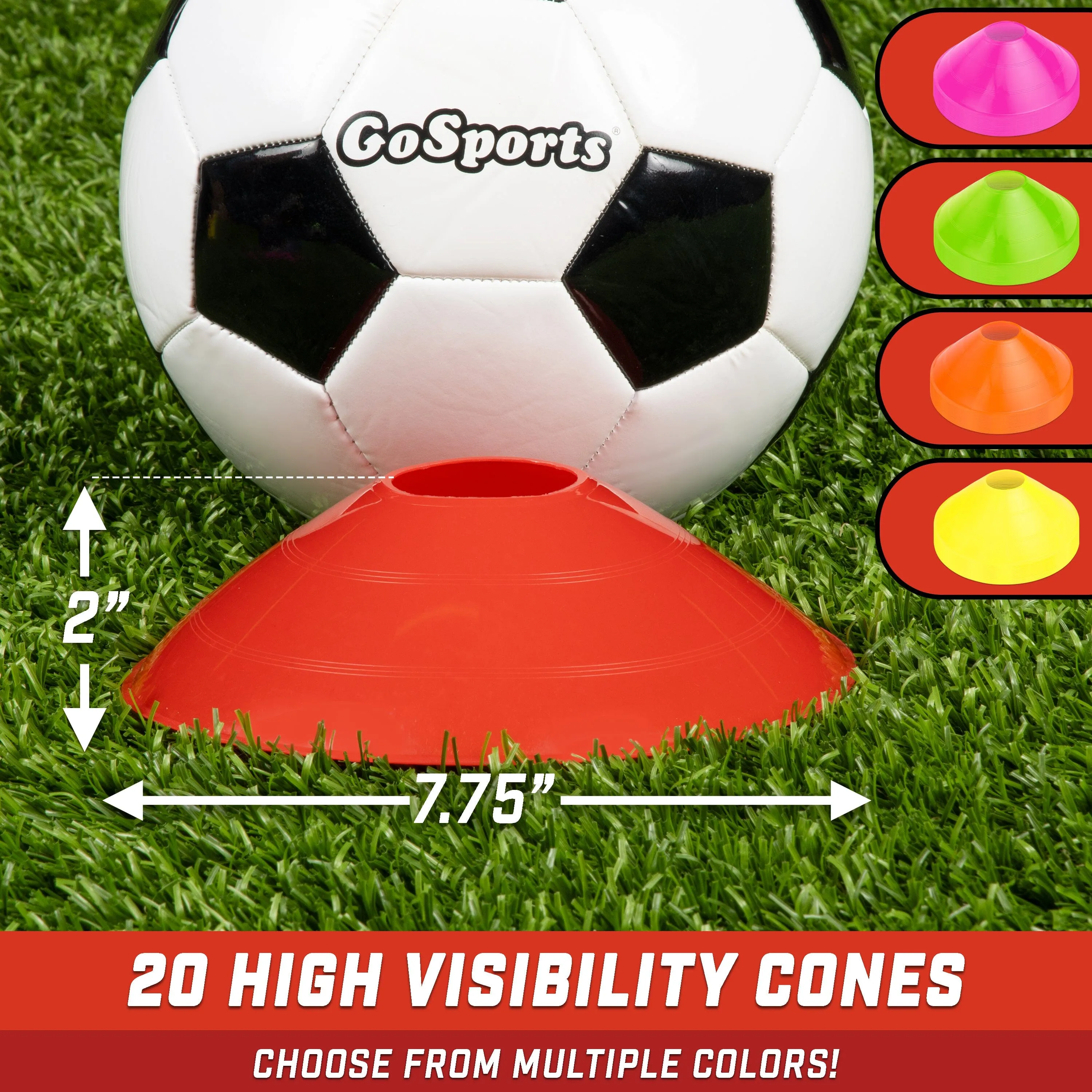 GoSports Premium Sports Cones for Training and Drills - 20 Pack with Tote - Red