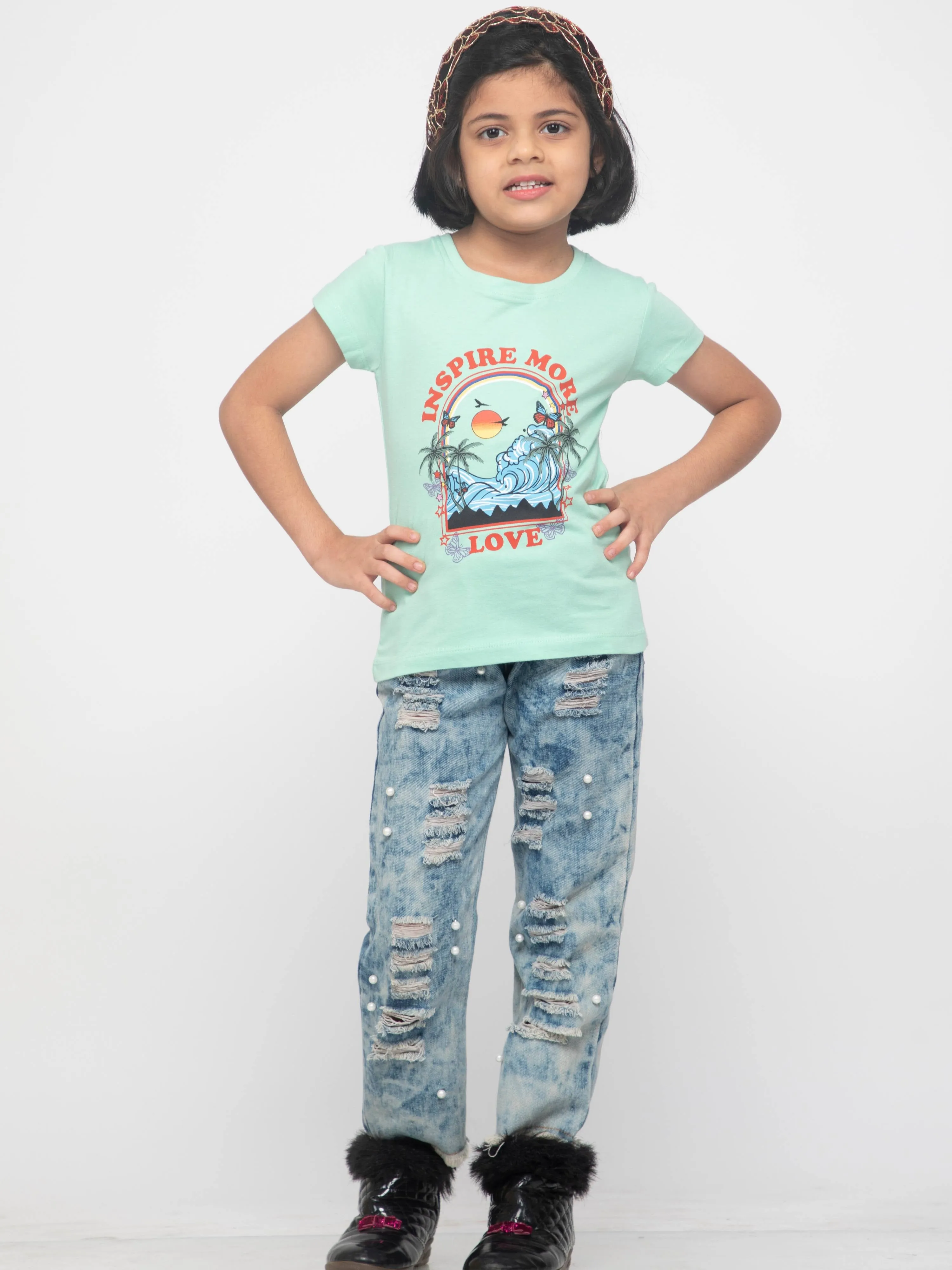 Inspire More Cotton Girls T-Shirt Blue