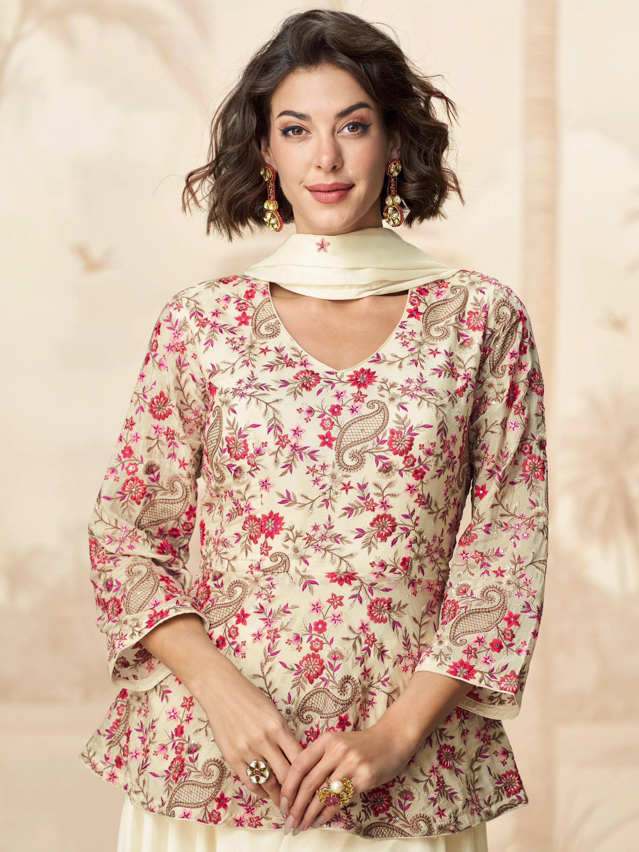 Ivory Embroidered Palazzo Suit for Women