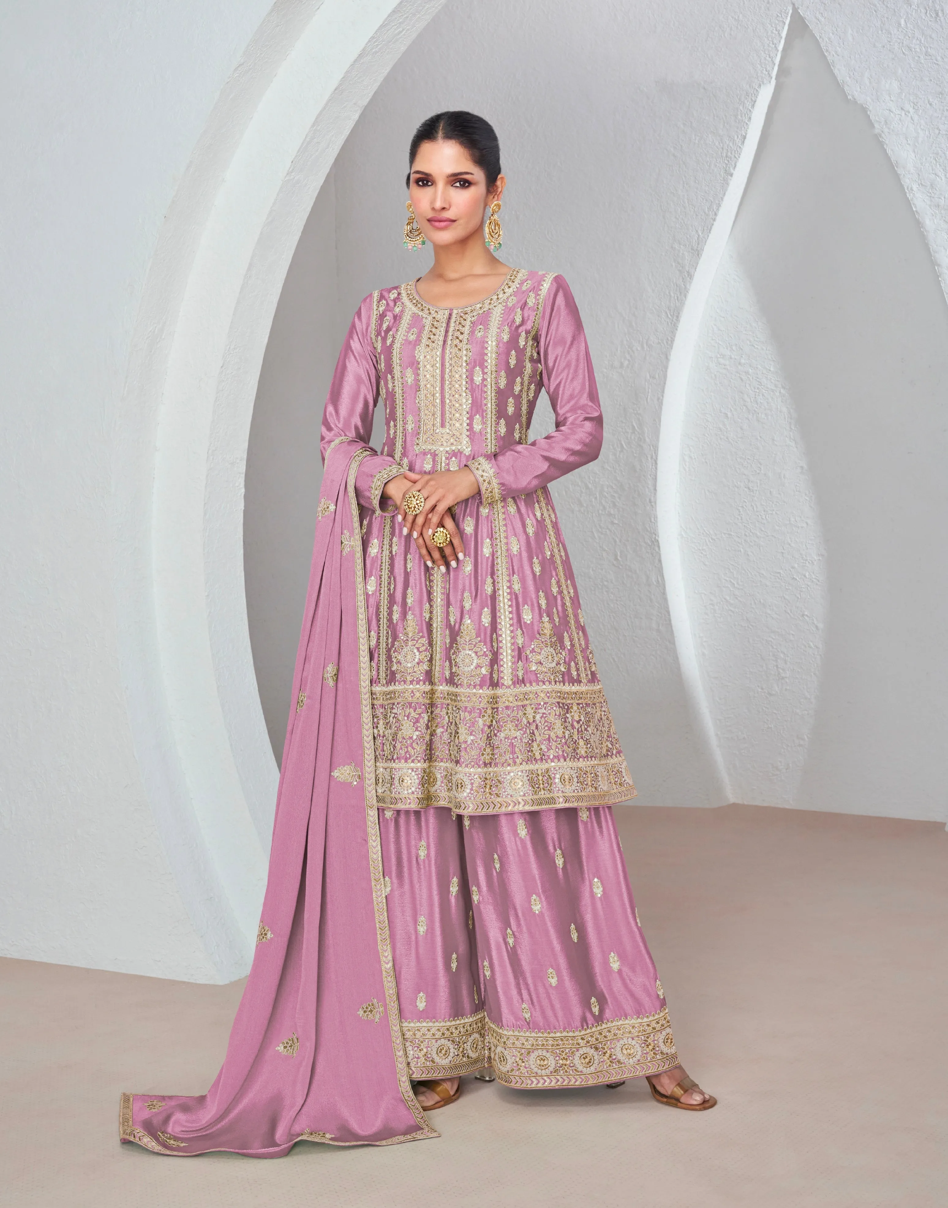 Purple Chinnon Silk Palazzo Suit with Embroidered Dupatta