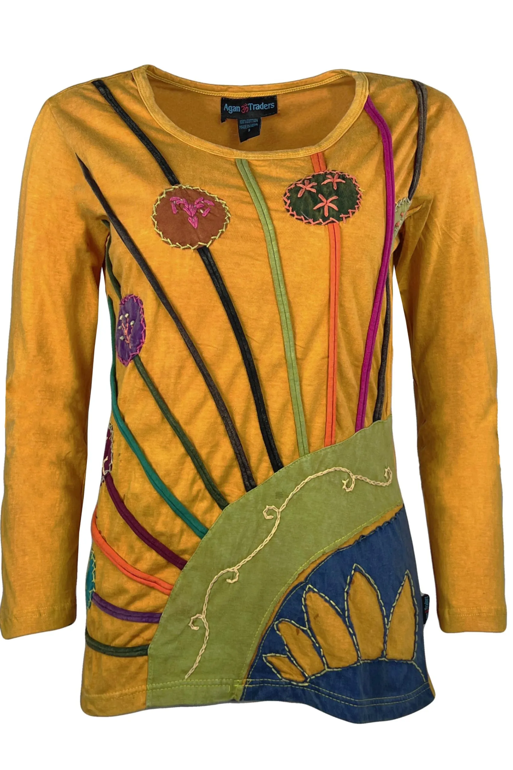 R 232 Light Cotton Floral Stem Multi-colored Diagonal Patched Floral Embroidered Boho Blouse