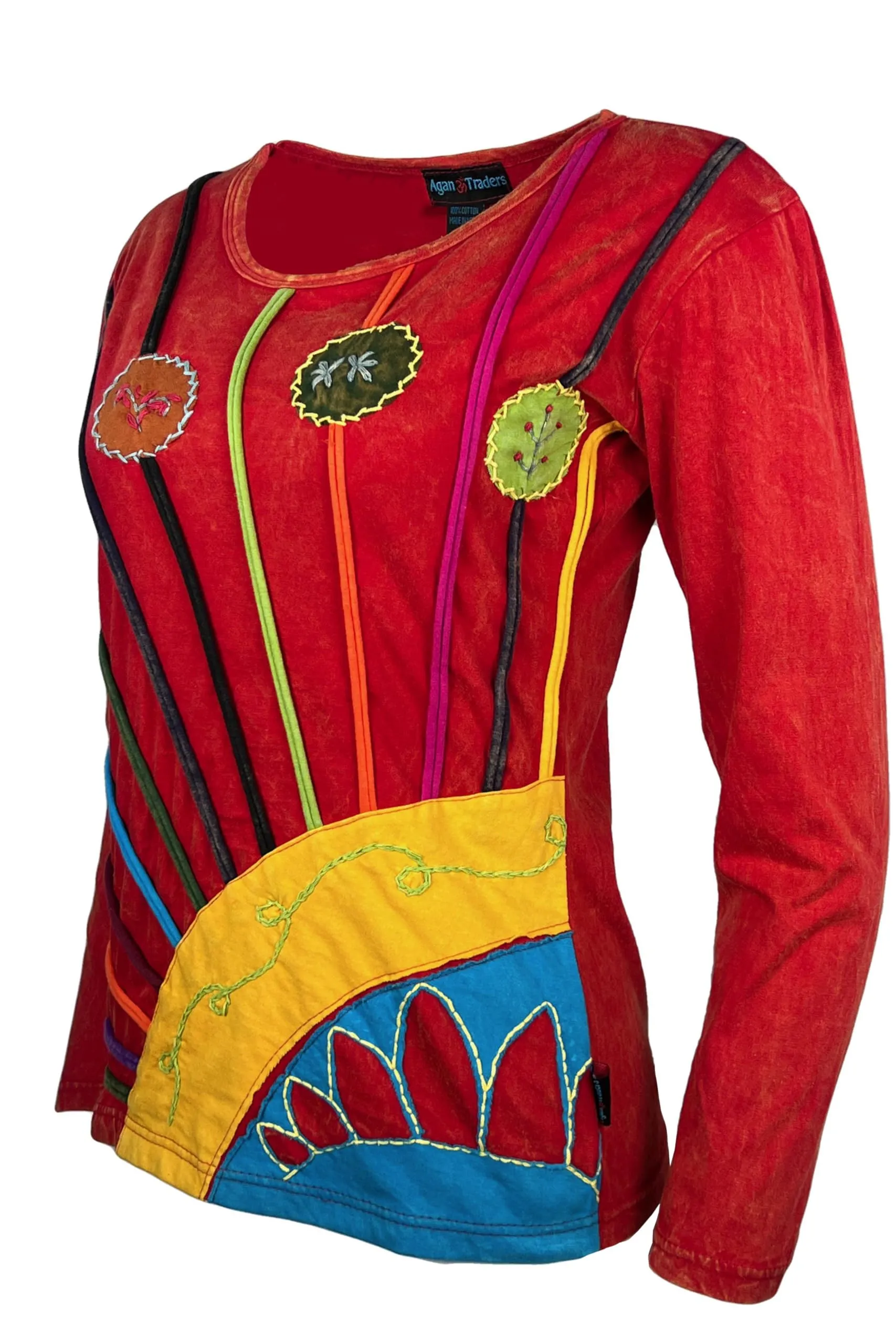 R 232 Light Cotton Floral Stem Multi-colored Diagonal Patched Floral Embroidered Boho Blouse