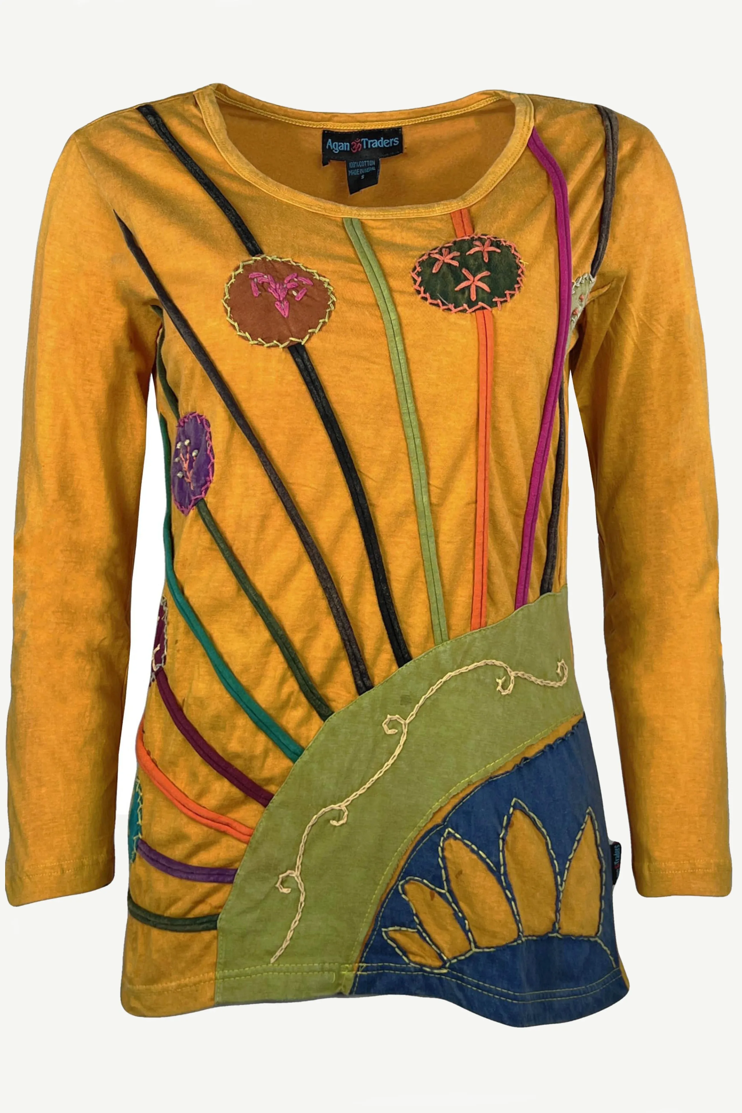 R 232 Light Cotton Floral Stem Multi-colored Diagonal Patched Floral Embroidered Boho Blouse