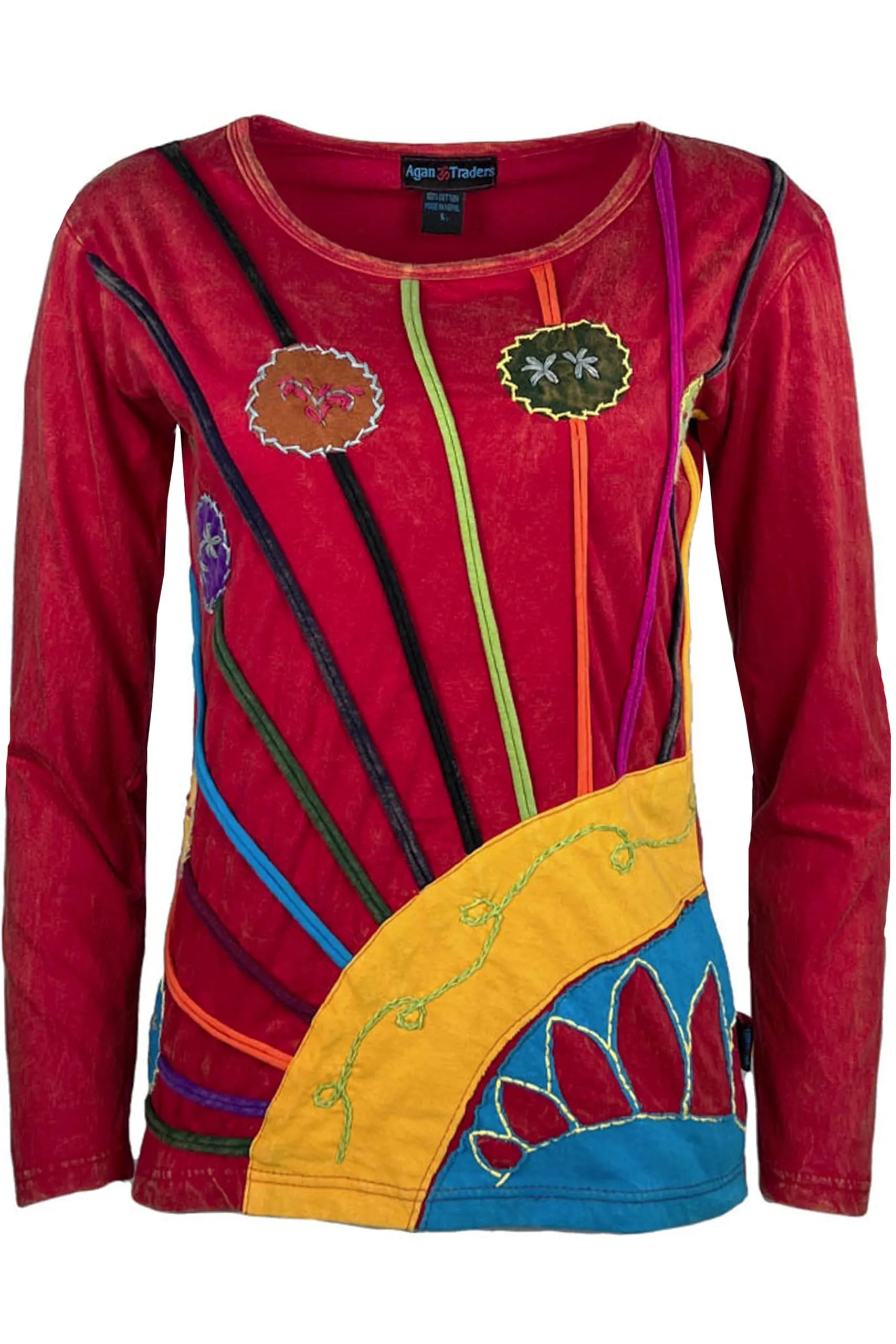 R 232 Light Cotton Floral Stem Multi-colored Diagonal Patched Floral Embroidered Boho Blouse
