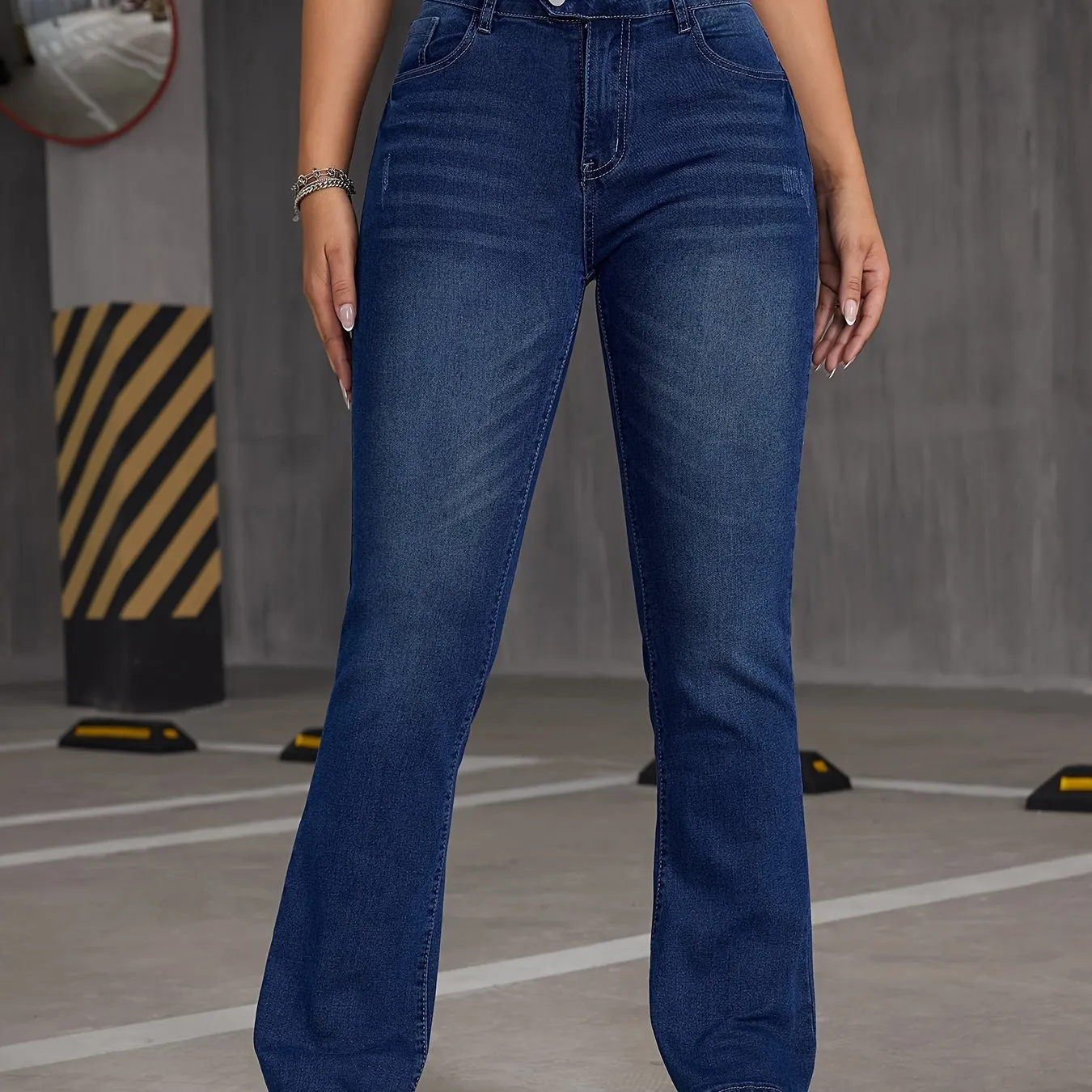 realaiot  Asymmetric Button Slant Pocket Bootcut Jeans, Stretchy Washed Blue Whiskering Flare Denim Pants, Women's Denim Jeans & Clothing