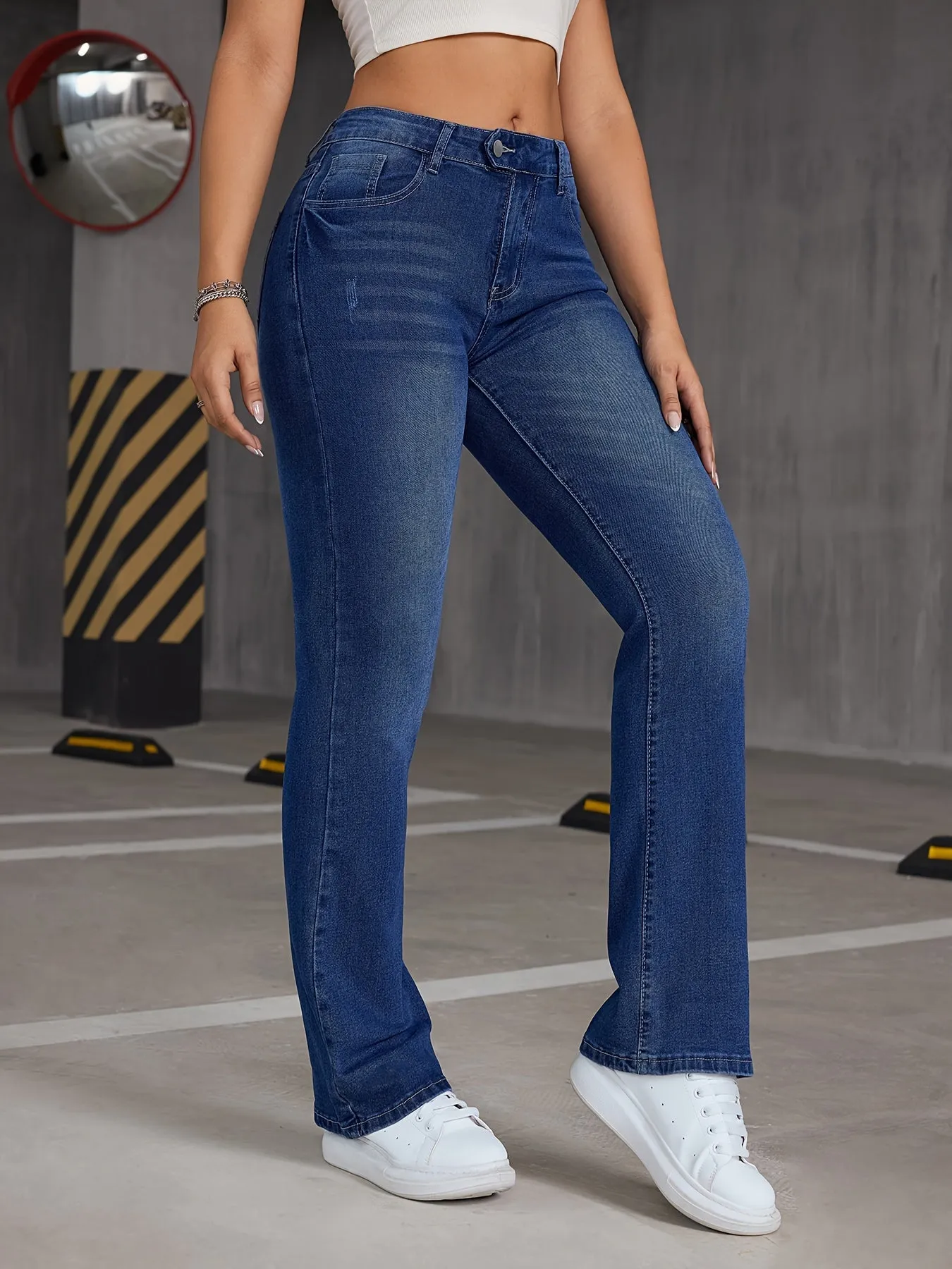 realaiot  Asymmetric Button Slant Pocket Bootcut Jeans, Stretchy Washed Blue Whiskering Flare Denim Pants, Women's Denim Jeans & Clothing