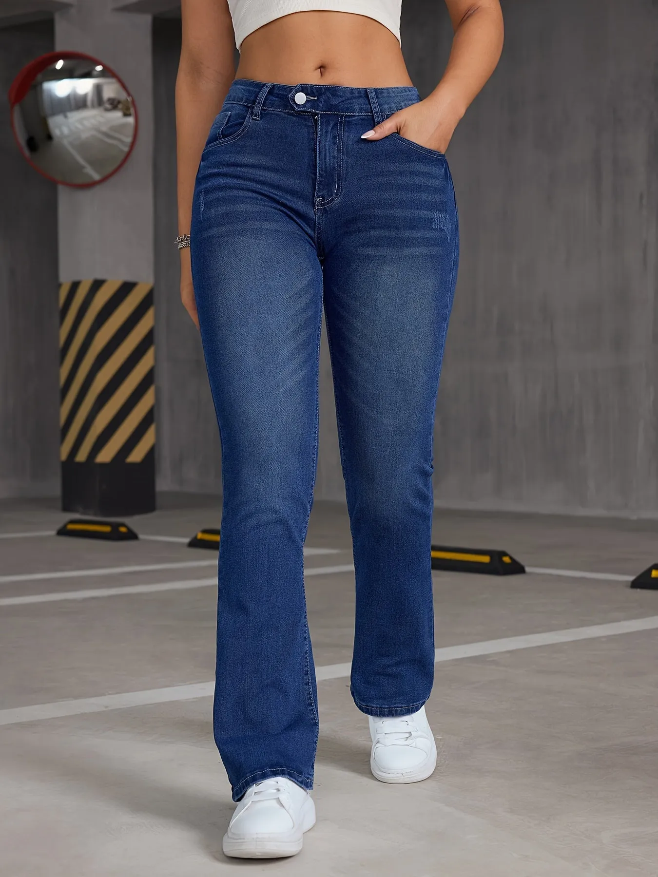 realaiot  Asymmetric Button Slant Pocket Bootcut Jeans, Stretchy Washed Blue Whiskering Flare Denim Pants, Women's Denim Jeans & Clothing
