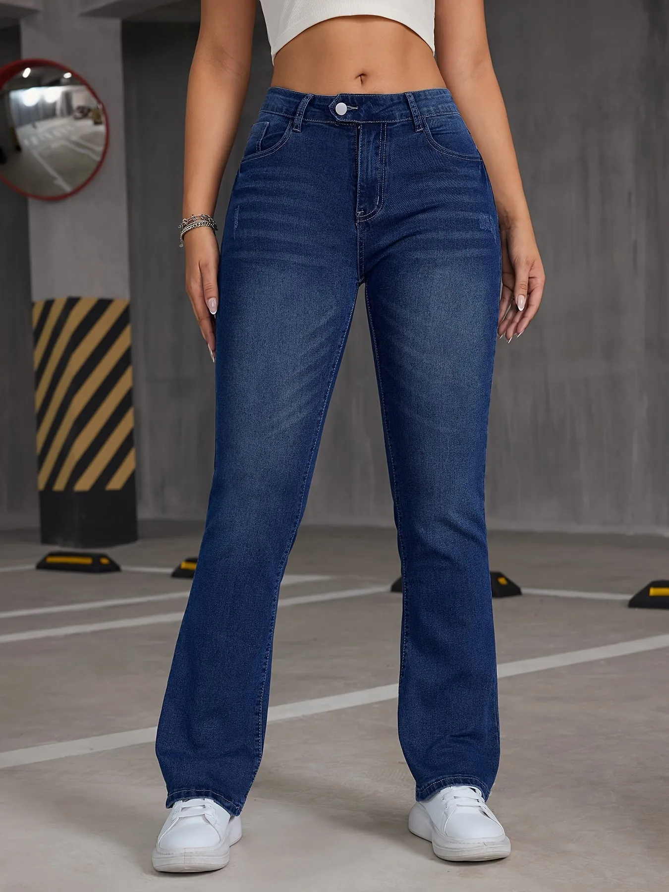 realaiot  Asymmetric Button Slant Pocket Bootcut Jeans, Stretchy Washed Blue Whiskering Flare Denim Pants, Women's Denim Jeans & Clothing