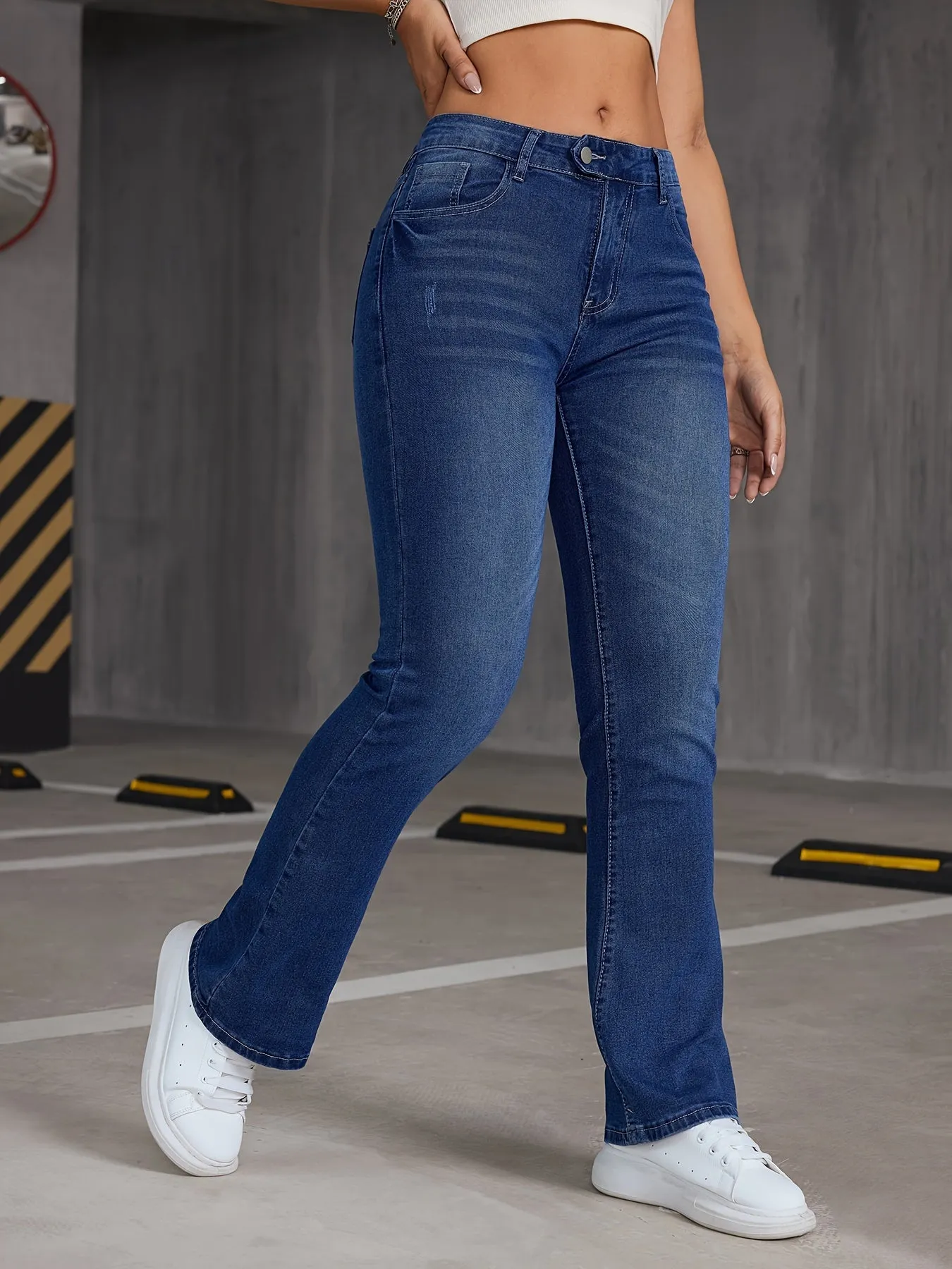 realaiot  Asymmetric Button Slant Pocket Bootcut Jeans, Stretchy Washed Blue Whiskering Flare Denim Pants, Women's Denim Jeans & Clothing